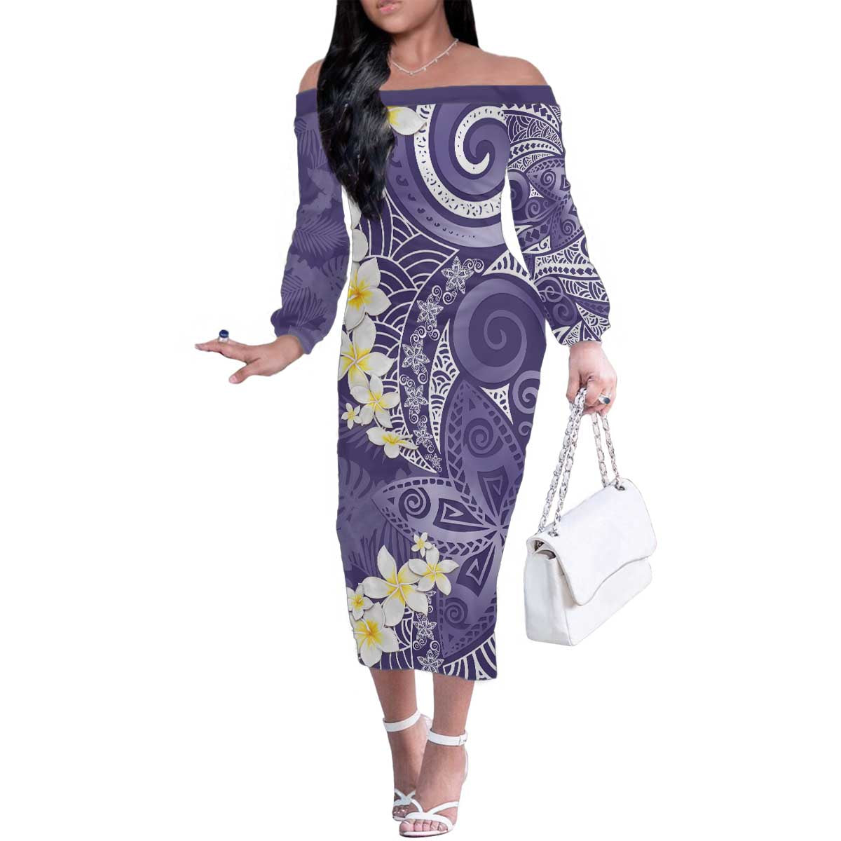 Violet Polynesian Tribal Frangipani Tropical Vibe Family Matching Off The Shoulder Long Sleeve Dress and Hawaiian Shirt