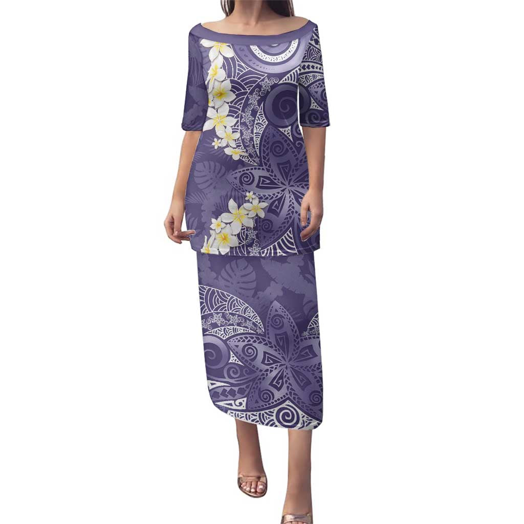 Violet Polynesian Tribal Frangipani Tropical Vibe Family Matching Puletasi and Hawaiian Shirt