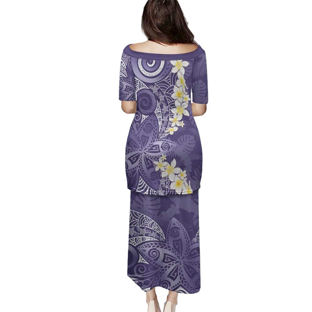 Violet Polynesian Tribal Frangipani Tropical Vibe Family Matching Puletasi and Hawaiian Shirt