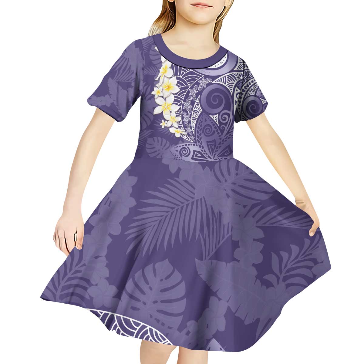 Violet Polynesian Tribal Frangipani Tropical Vibe Kid Short Sleeve Dress