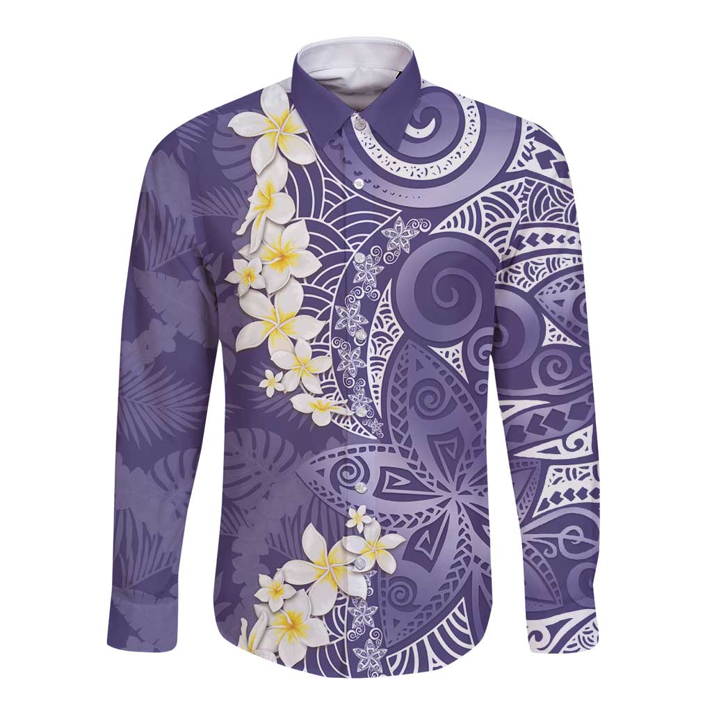 Violet Polynesian Tribal Frangipani Tropical Vibe Long Sleeve Button Shirt