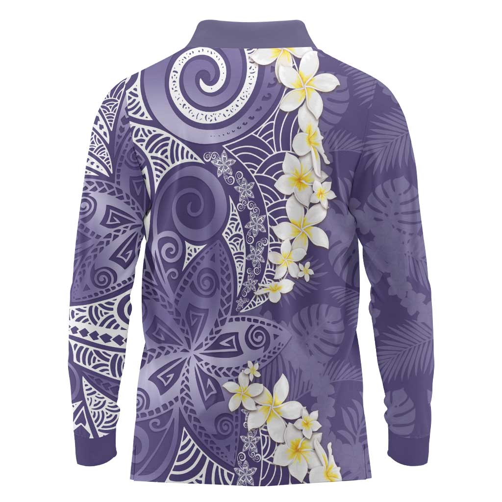 Violet Polynesian Tribal Frangipani Tropical Vibe Long Sleeve Polo Shirt