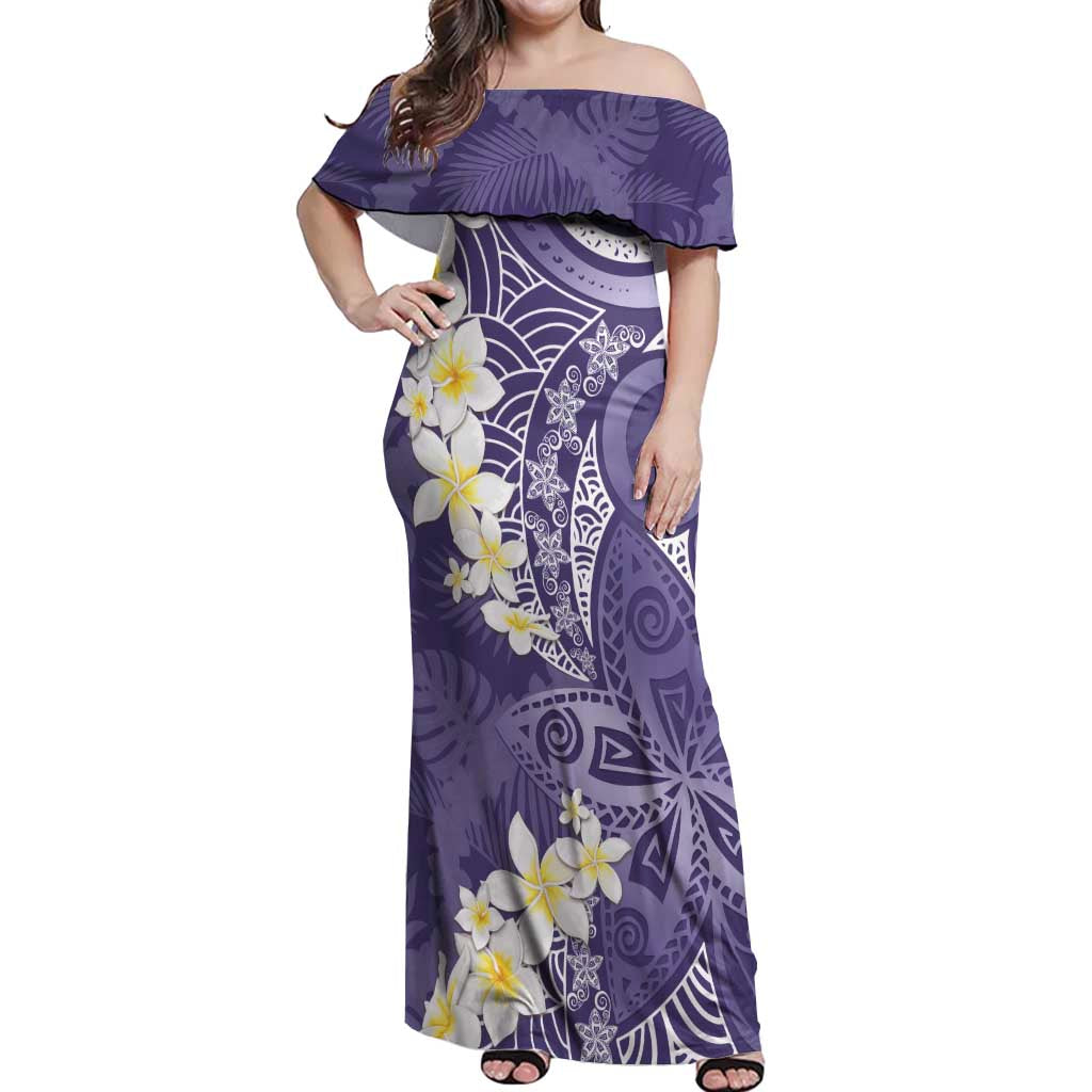 Violet Polynesian Tribal Frangipani Tropical Vibe Off Shoulder Maxi Dress
