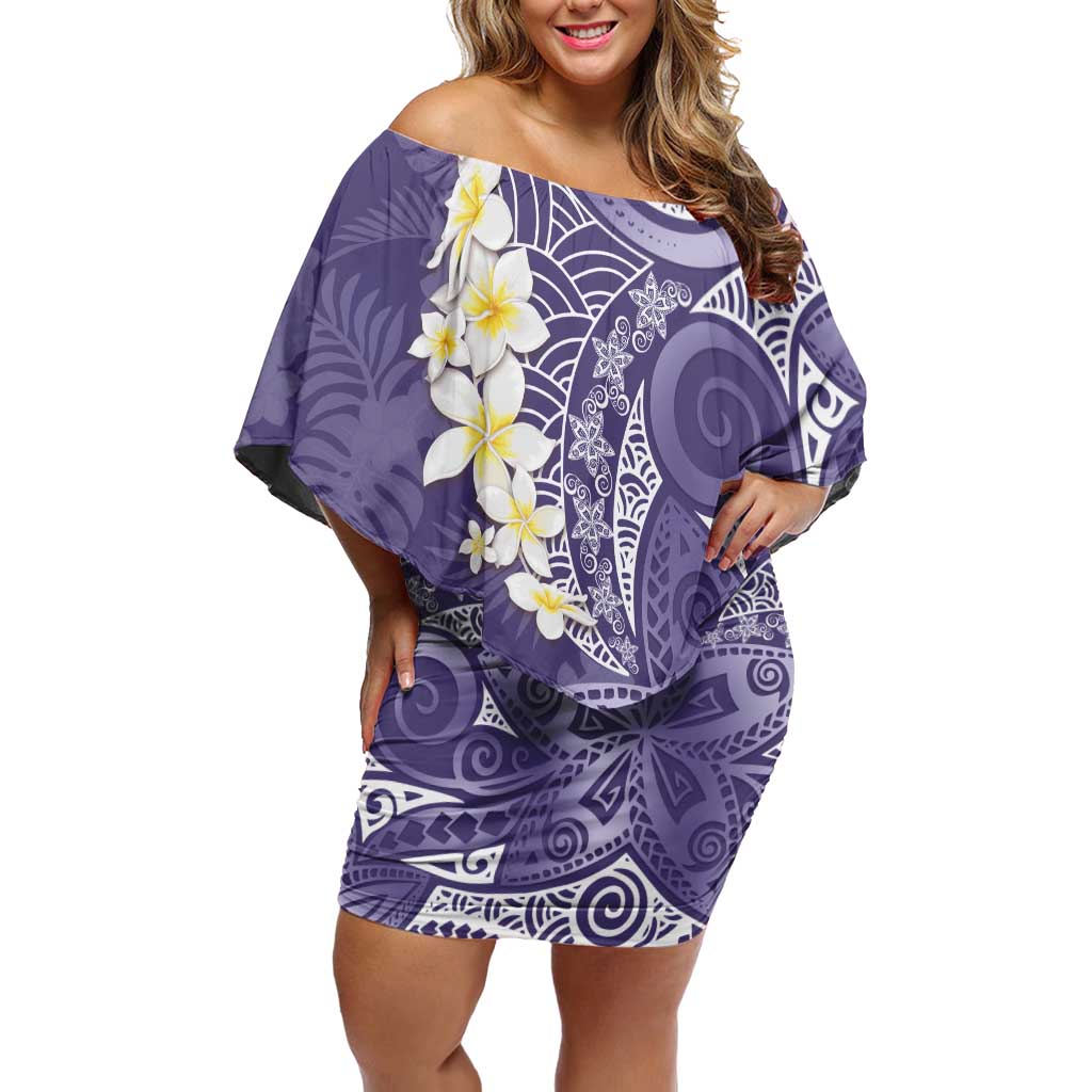 Violet Polynesian Tribal Frangipani Tropical Vibe Off Shoulder Short Dress