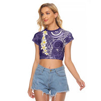 Violet Polynesian Tribal Frangipani Tropical Vibe Raglan Cropped T Shirt
