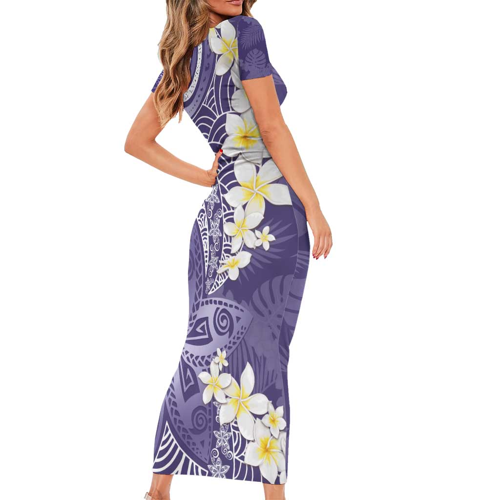 Violet Polynesian Tribal Frangipani Tropical Vibe Short Sleeve Bodycon Dress