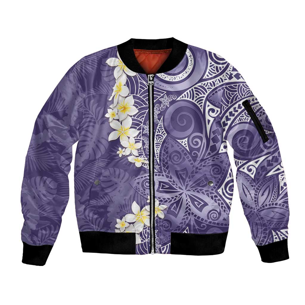 Violet Polynesian Tribal Frangipani Tropical Vibe Sleeve Zip Bomber Jacket LT14 Unisex Violet - Polynesian Pride