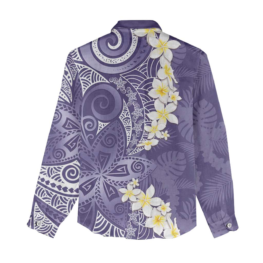 Violet Polynesian Tribal Frangipani Tropical Vibe Women Casual Shirt