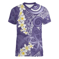 Violet Polynesian Tribal Frangipani Tropical Vibe Women V-Neck T-Shirt