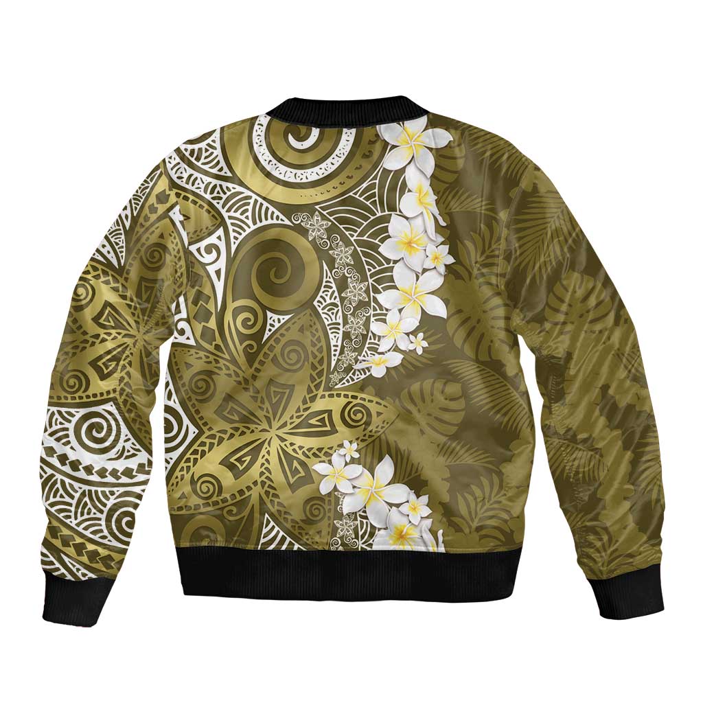 Gold Polynesian Tribal Frangipani Tropical Vibe Bomber Jacket