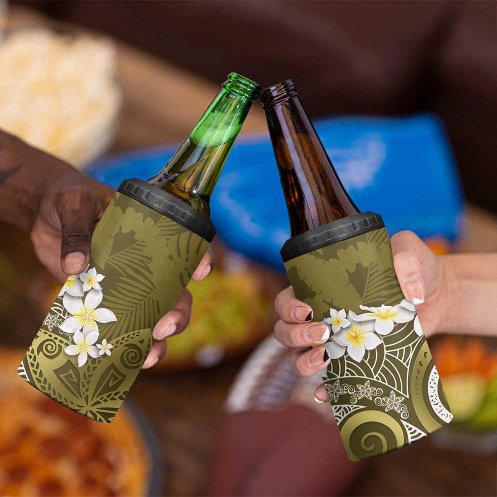 Gold Polynesian Tribal Frangipani Tropical Vibe 4 in 1 Can Cooler Tumbler