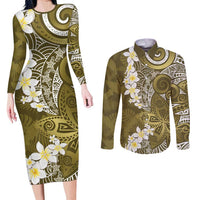 Gold Polynesian Tribal Frangipani Tropical Vibe Couples Matching Long Sleeve Bodycon Dress and Long Sleeve Button Shirt