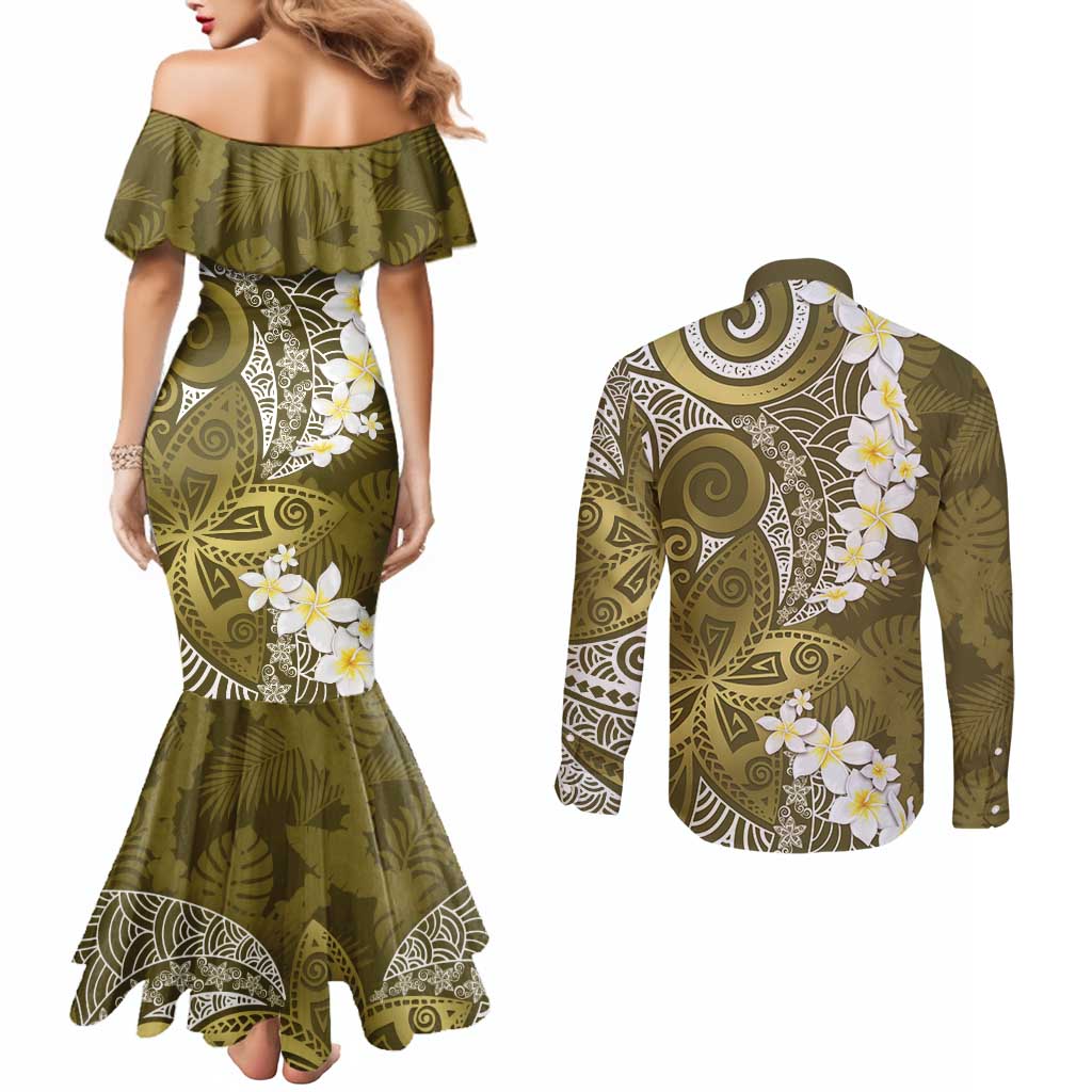 Gold Polynesian Tribal Frangipani Tropical Vibe Couples Matching Mermaid Dress and Long Sleeve Button Shirt
