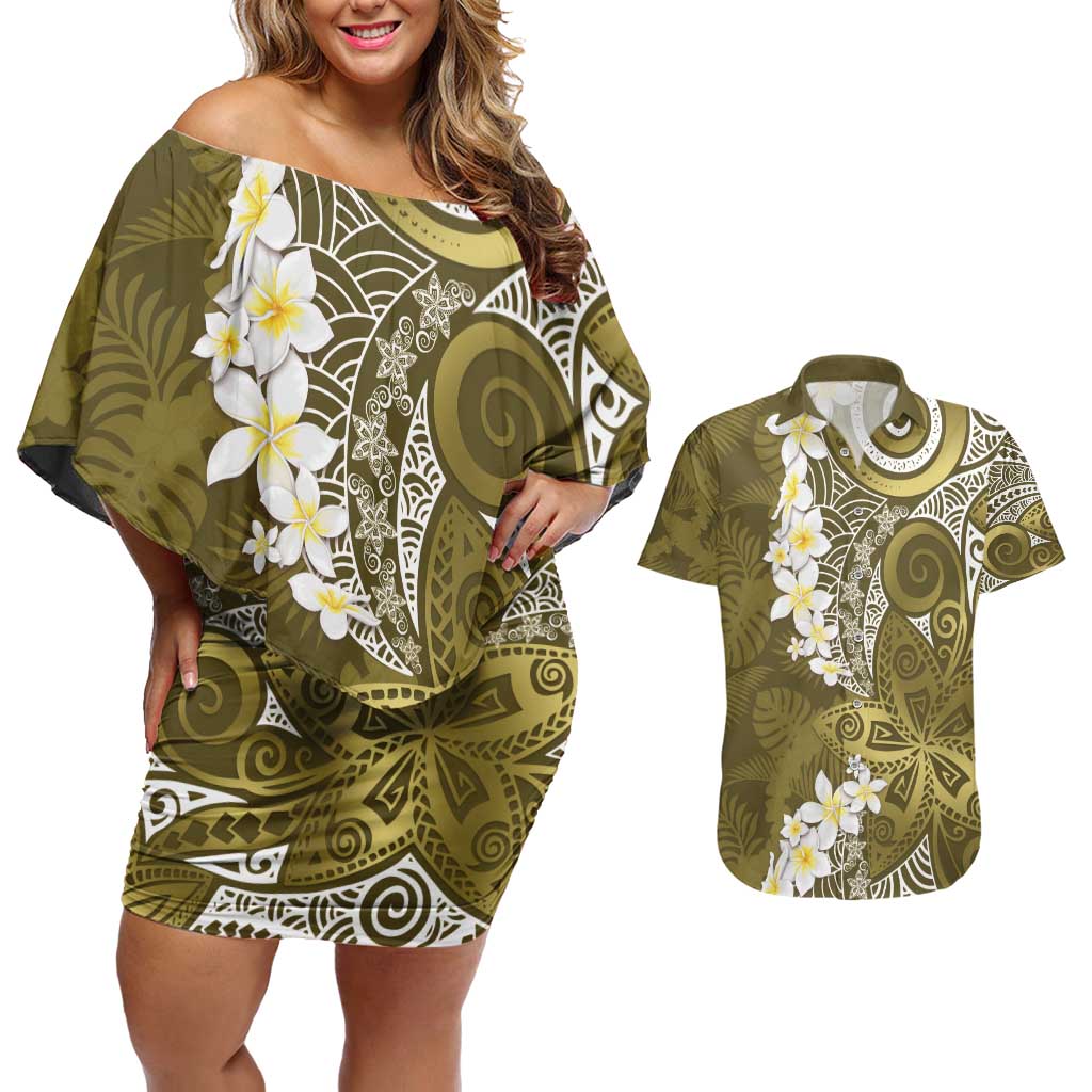 Gold Polynesian Tribal Frangipani Tropical Vibe Couples Matching Off Shoulder Short Dress and Hawaiian Shirt