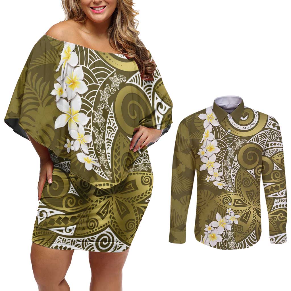 Gold Polynesian Tribal Frangipani Tropical Vibe Couples Matching Off Shoulder Short Dress and Long Sleeve Button Shirt