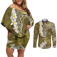 Gold Polynesian Tribal Frangipani Tropical Vibe Couples Matching Off Shoulder Short Dress and Long Sleeve Button Shirt