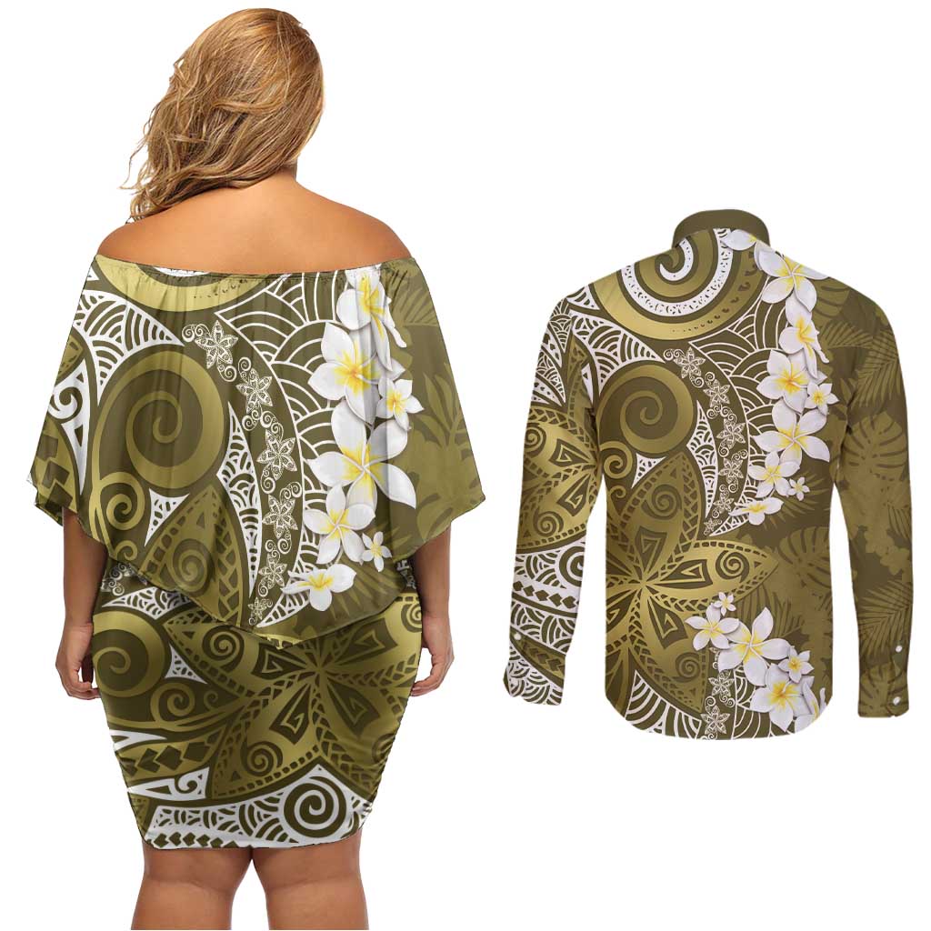 Gold Polynesian Tribal Frangipani Tropical Vibe Couples Matching Off Shoulder Short Dress and Long Sleeve Button Shirt