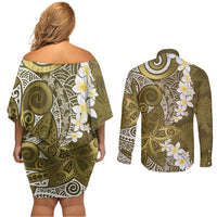 Gold Polynesian Tribal Frangipani Tropical Vibe Couples Matching Off Shoulder Short Dress and Long Sleeve Button Shirt