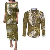 Gold Polynesian Tribal Frangipani Tropical Vibe Couples Matching Puletasi and Long Sleeve Button Shirt