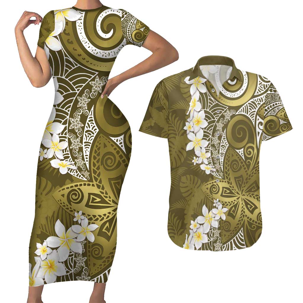 Gold Polynesian Tribal Frangipani Tropical Vibe Couples Matching Short Sleeve Bodycon Dress and Hawaiian Shirt
