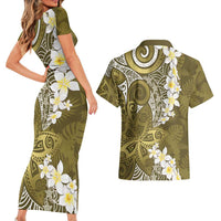 Gold Polynesian Tribal Frangipani Tropical Vibe Couples Matching Short Sleeve Bodycon Dress and Hawaiian Shirt