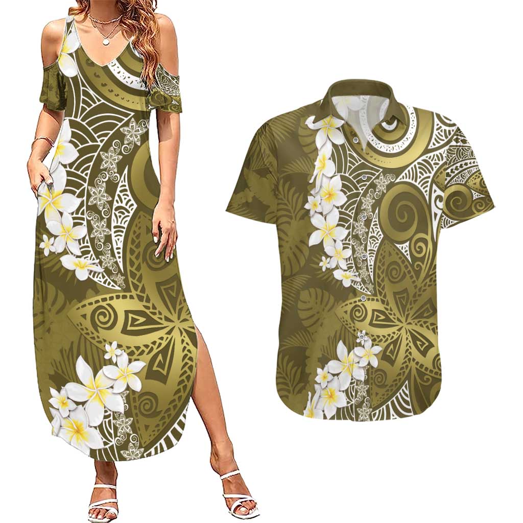 Gold Polynesian Tribal Frangipani Tropical Vibe Couples Matching Summer Maxi Dress and Hawaiian Shirt