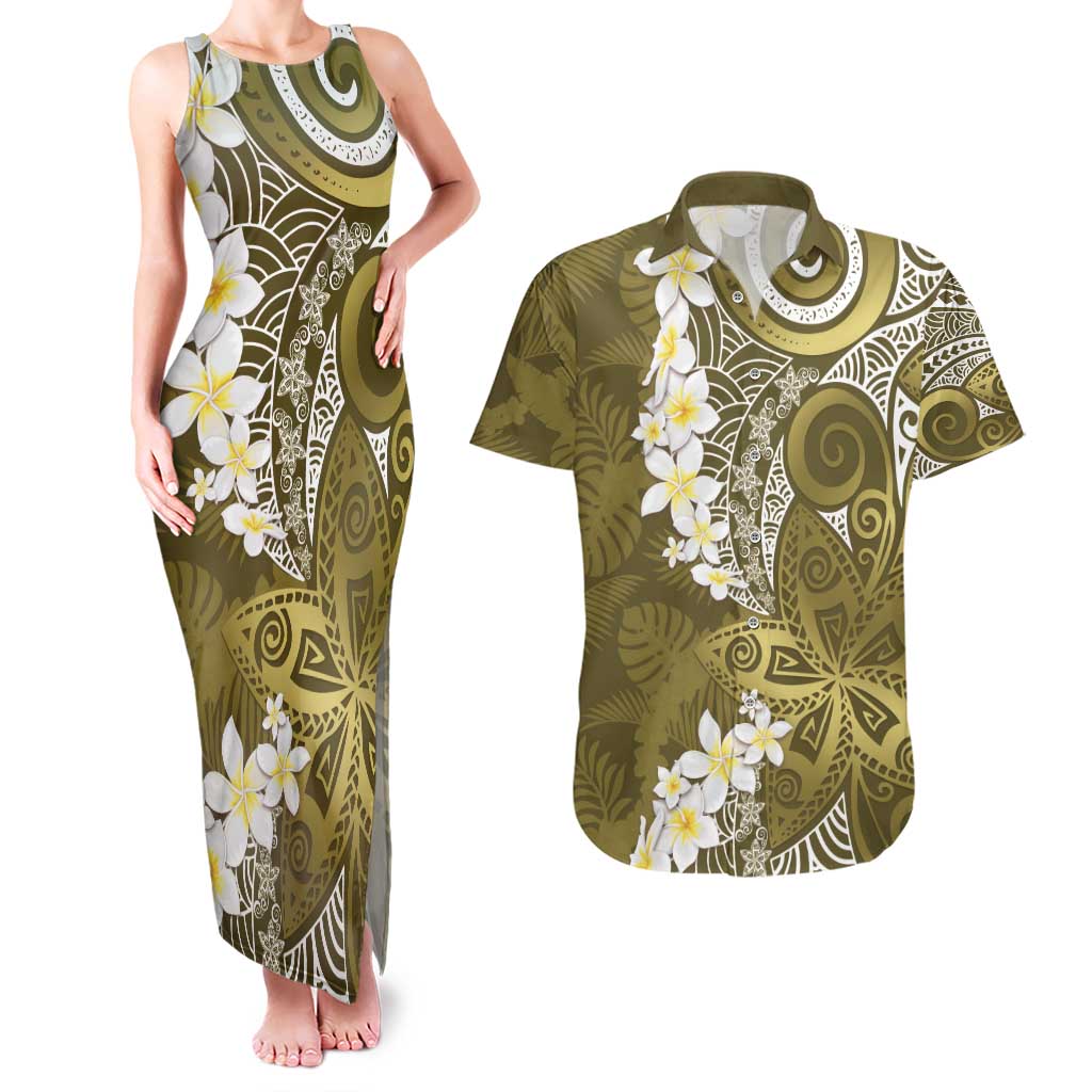 Gold Polynesian Tribal Frangipani Tropical Vibe Couples Matching Tank Maxi Dress and Hawaiian Shirt