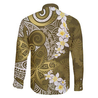 Gold Polynesian Tribal Frangipani Tropical Vibe Family Matching Long Sleeve Bodycon Dress and Hawaiian Shirt