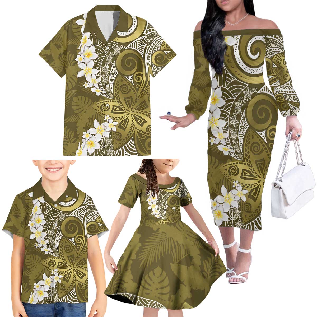 Gold Polynesian Tribal Frangipani Tropical Vibe Family Matching Off The Shoulder Long Sleeve Dress and Hawaiian Shirt