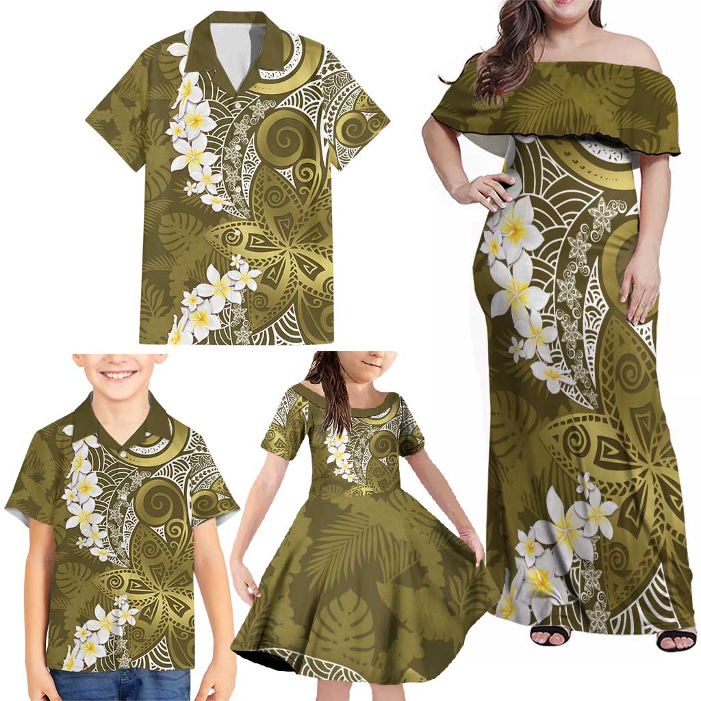 Gold Polynesian Tribal Frangipani Tropical Vibe Family Matching Off Shoulder Maxi Dress and Hawaiian Shirt