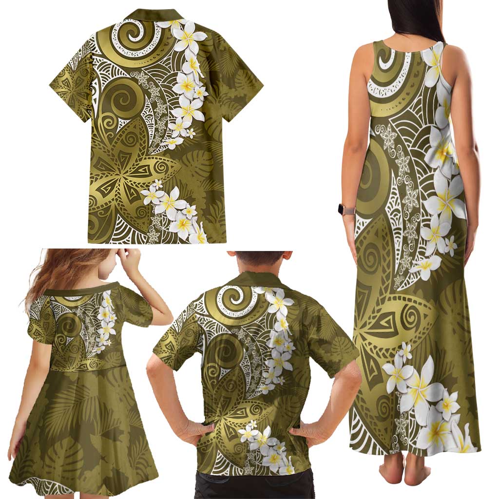 Gold Polynesian Tribal Frangipani Tropical Vibe Family Matching Tank Maxi Dress and Hawaiian Shirt