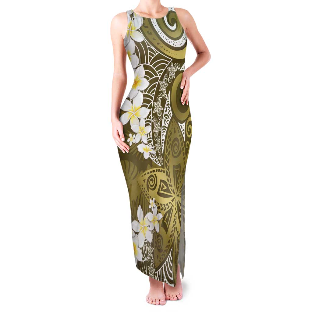 Gold Polynesian Tribal Frangipani Tropical Vibe Family Matching Tank Maxi Dress and Hawaiian Shirt
