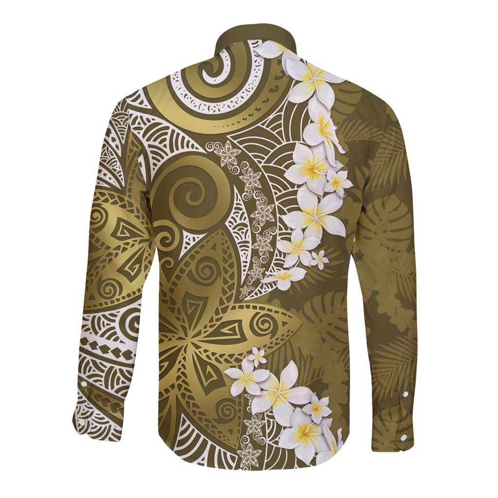 Gold Polynesian Tribal Frangipani Tropical Vibe Long Sleeve Button Shirt