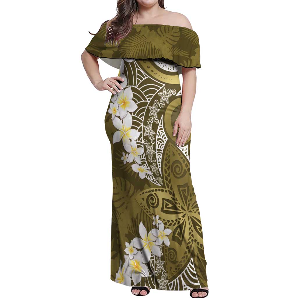 Gold Polynesian Tribal Frangipani Tropical Vibe Off Shoulder Maxi Dress