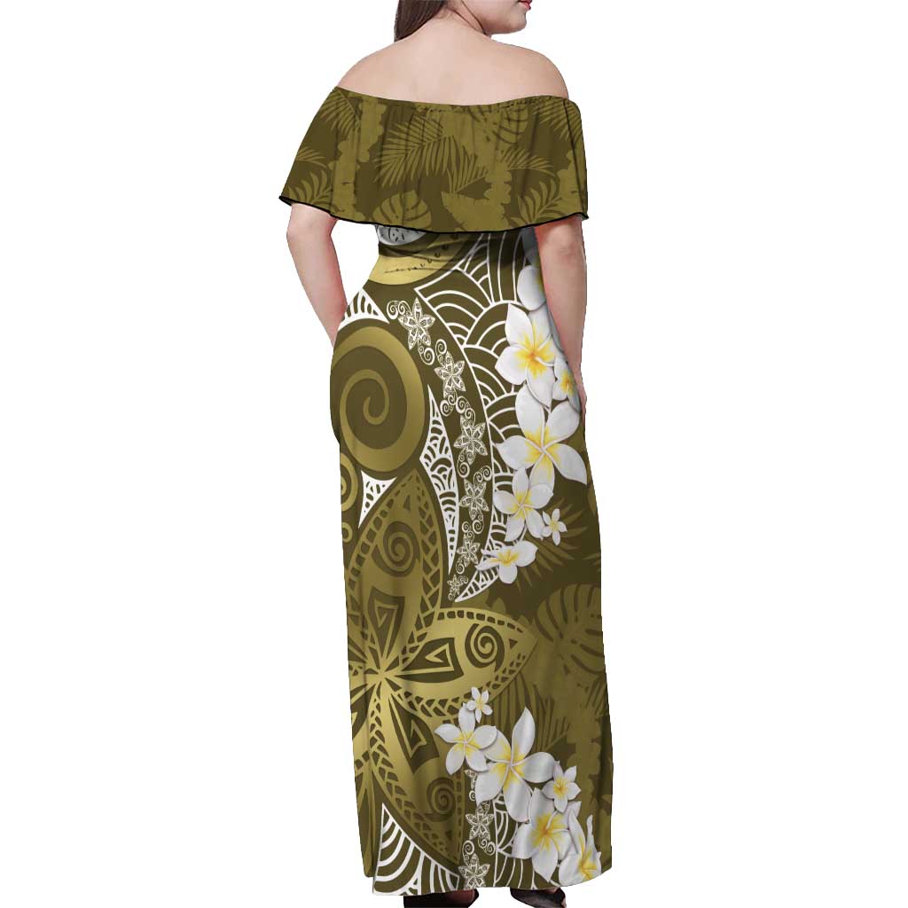 Gold Polynesian Tribal Frangipani Tropical Vibe Off Shoulder Maxi Dress