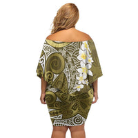 Gold Polynesian Tribal Frangipani Tropical Vibe Off Shoulder Short Dress