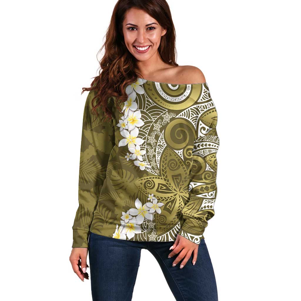 Gold Polynesian Tribal Frangipani Tropical Vibe Off Shoulder Sweater LT14 Women Gold - Polynesian Pride