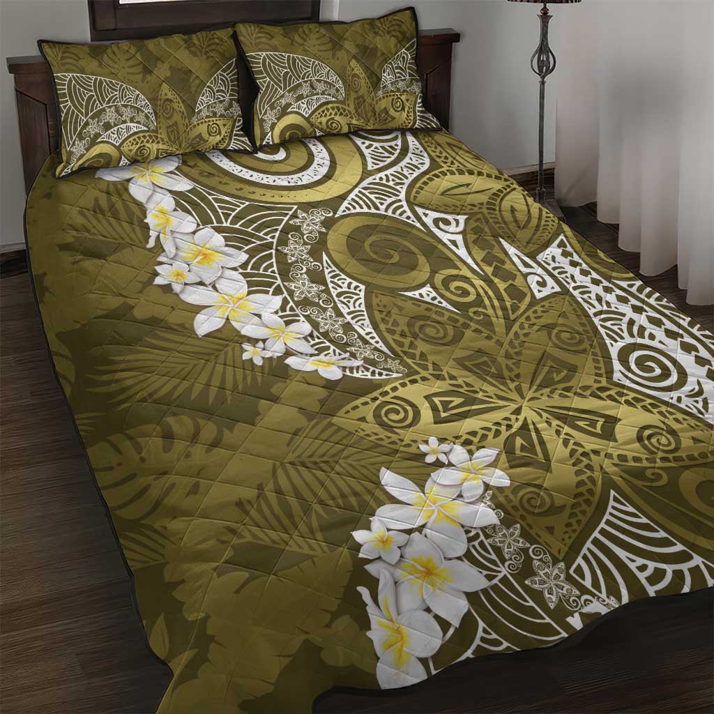 Gold Polynesian Tribal Frangipani Tropical Vibe Quilt Bed Set