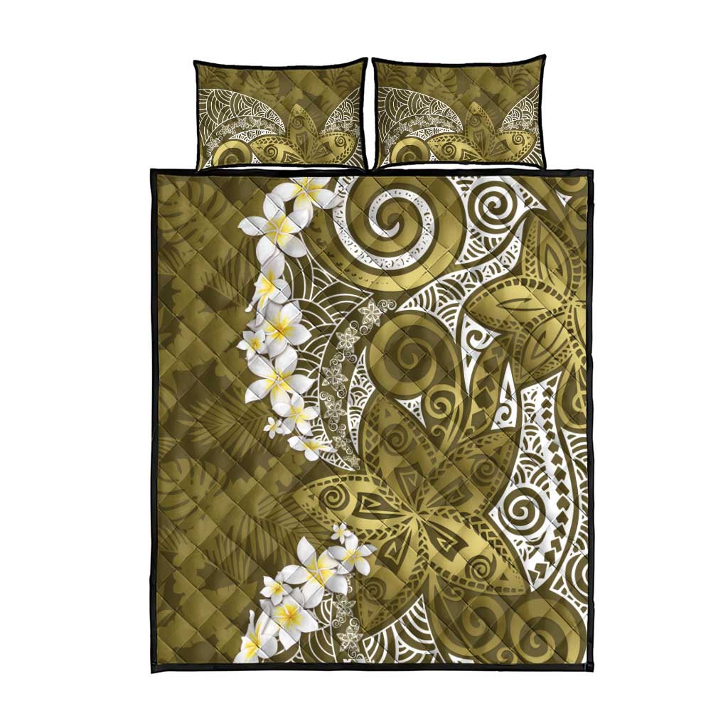 Gold Polynesian Tribal Frangipani Tropical Vibe Quilt Bed Set