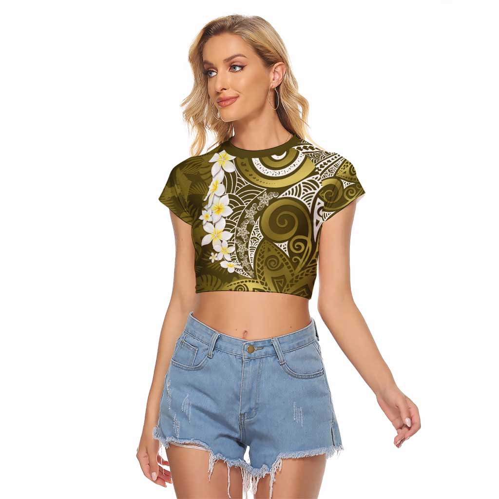 Gold Polynesian Tribal Frangipani Tropical Vibe Raglan Cropped T Shirt