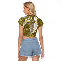 Gold Polynesian Tribal Frangipani Tropical Vibe Raglan Cropped T Shirt