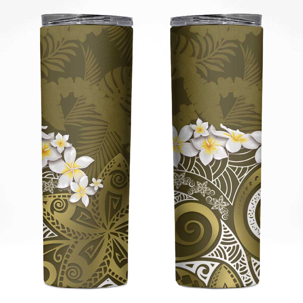Gold Polynesian Tribal Frangipani Tropical Vibe Skinny Tumbler