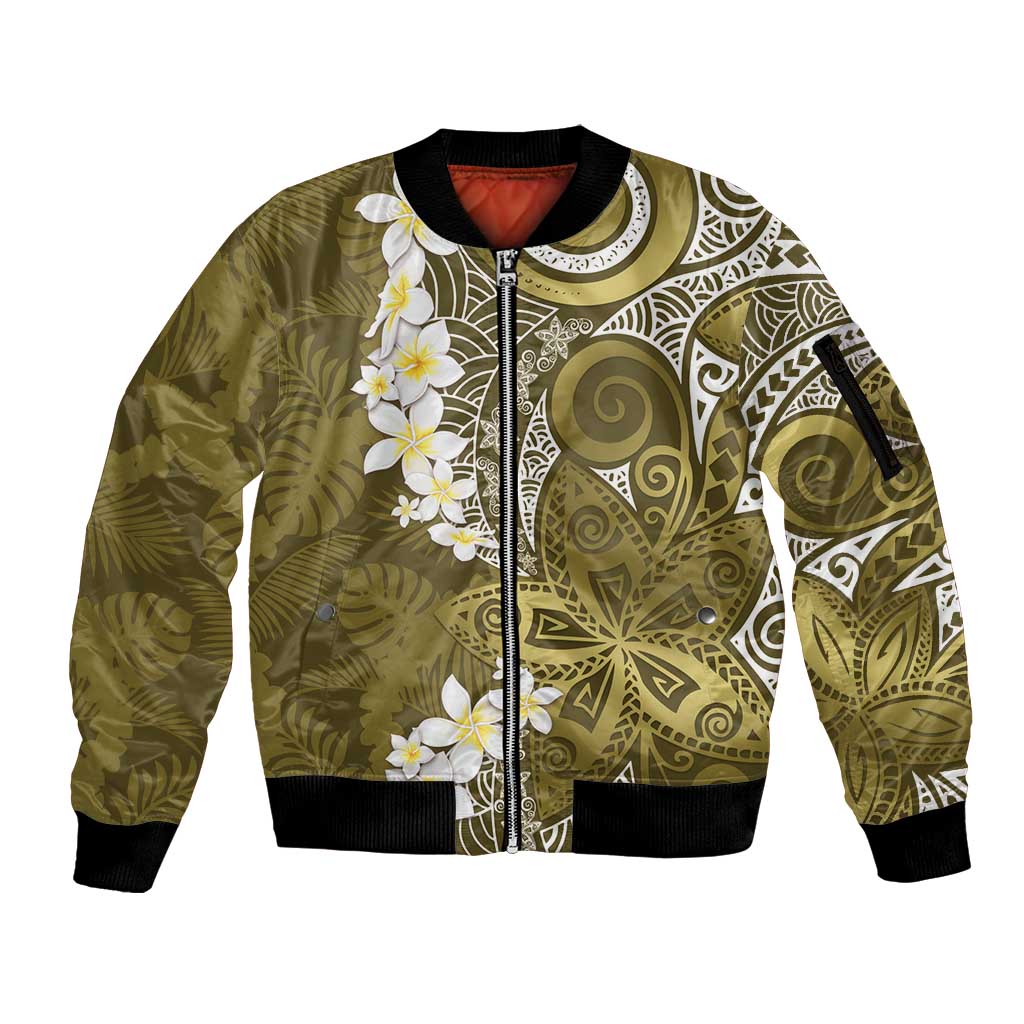 Gold Polynesian Tribal Frangipani Tropical Vibe Sleeve Zip Bomber Jacket LT14 Unisex Gold - Polynesian Pride