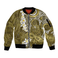 Gold Polynesian Tribal Frangipani Tropical Vibe Sleeve Zip Bomber Jacket