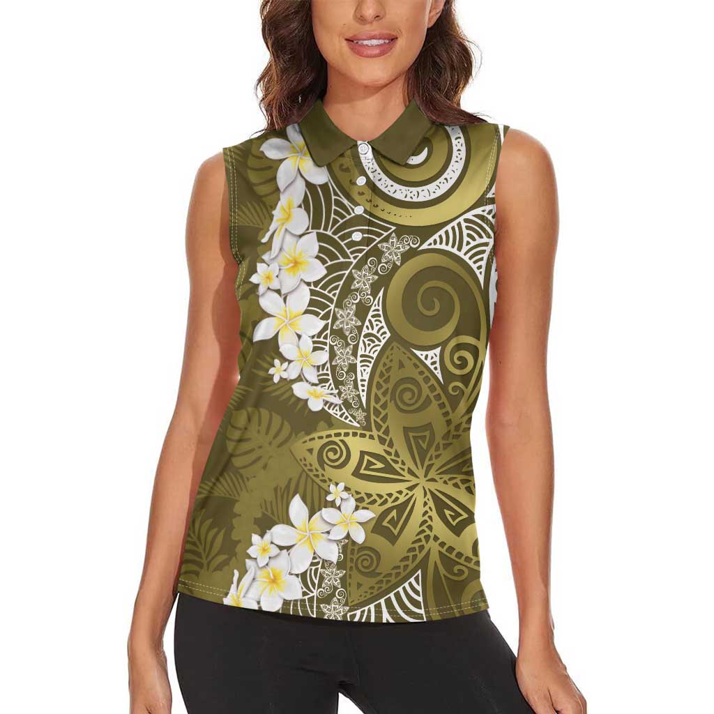 Gold Polynesian Tribal Frangipani Tropical Vibe Women Sleeveless Polo Shirt
