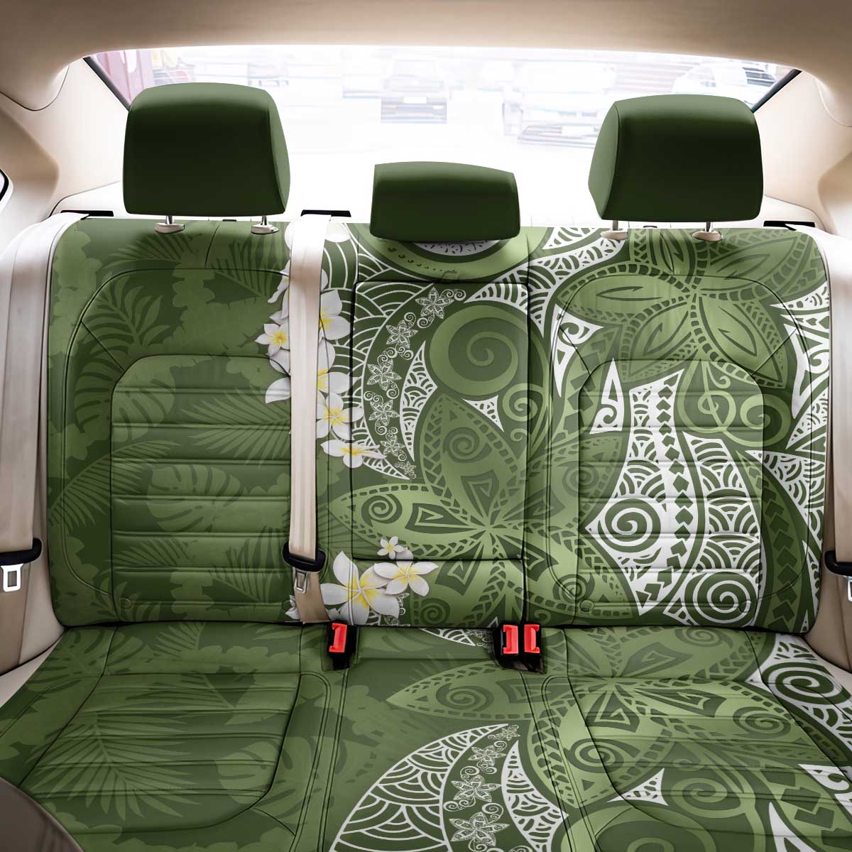 Green Polynesian Tribal Frangipani Tropical Vibe Back Car Seat Cover