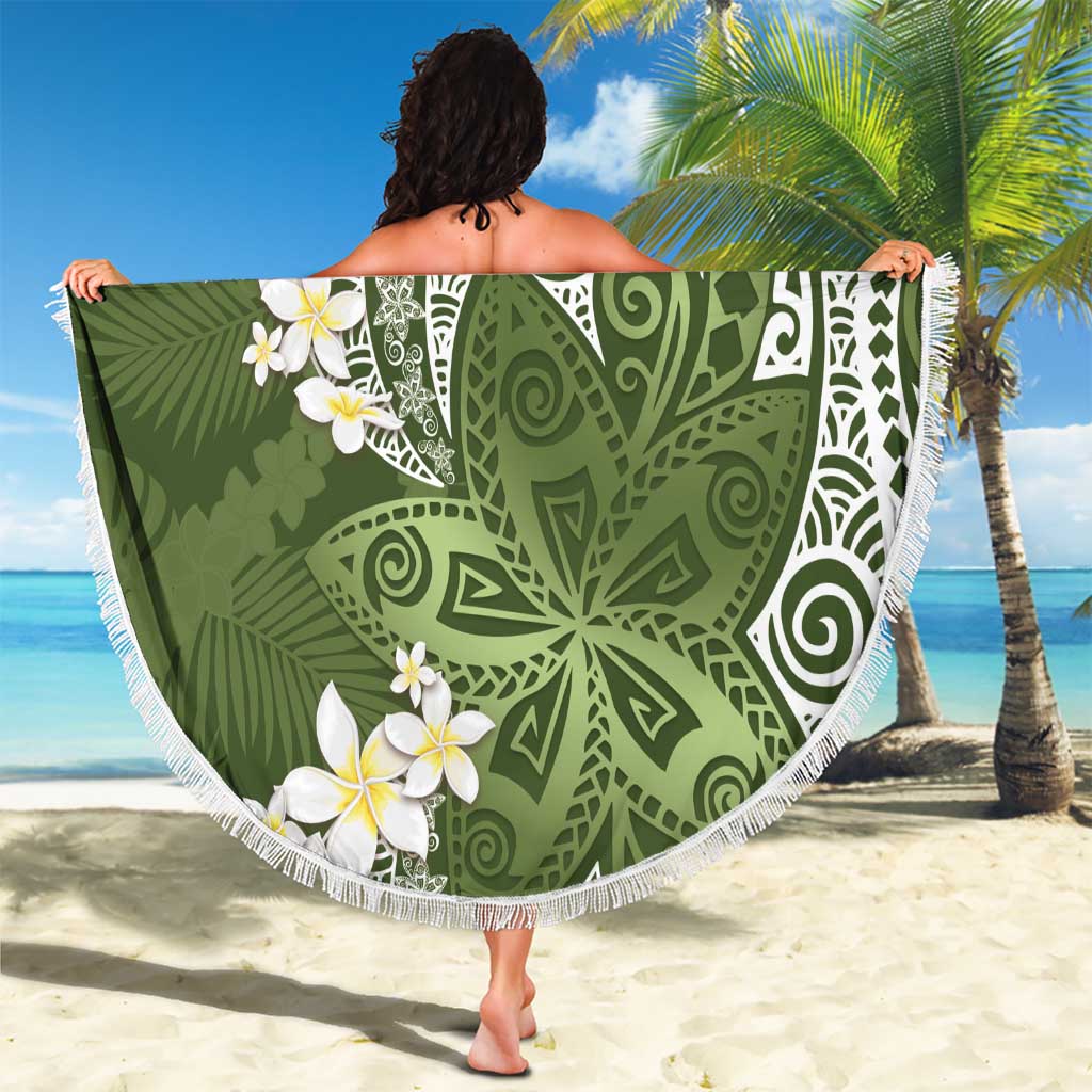 Green Polynesian Tribal Frangipani Tropical Vibe Beach Blanket
