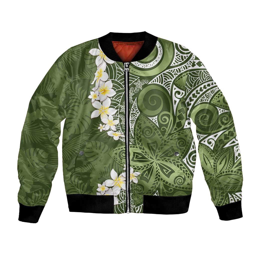 Green Polynesian Tribal Frangipani Tropical Vibe Bomber Jacket LT14 Unisex Green - Polynesian Pride