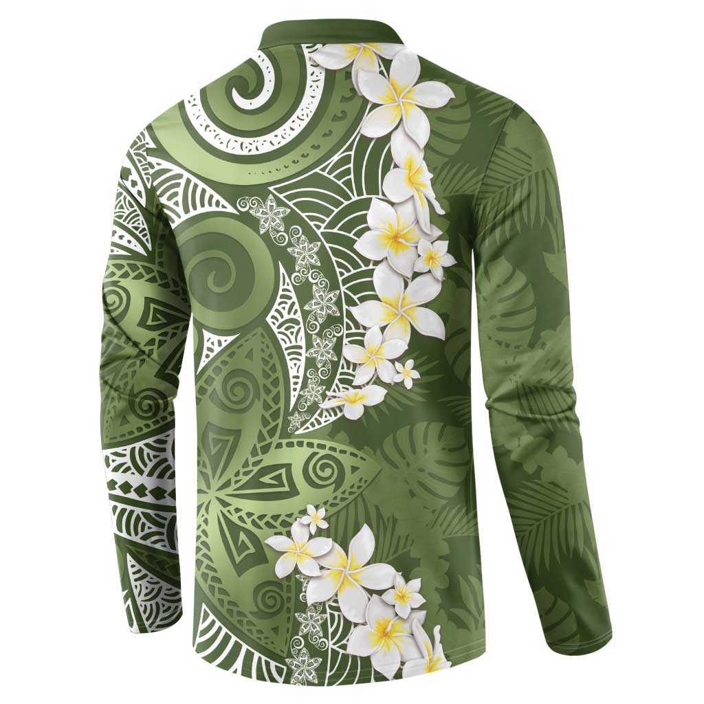 Green Polynesian Tribal Frangipani Tropical Vibe Button Sweatshirt