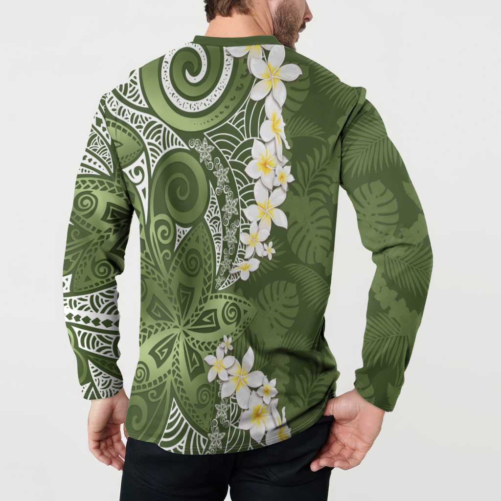 Green Polynesian Tribal Frangipani Tropical Vibe Button Sweatshirt